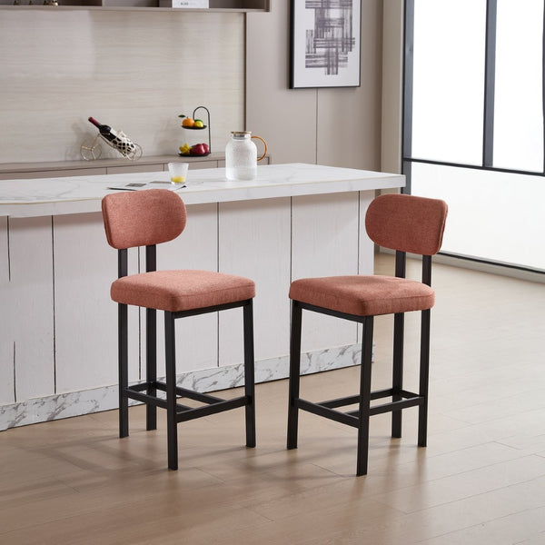 English Elm Bar Stools Set of 2 Upholstered Fabric Seat with Foam Cushion Black Metal Legs Orange W3244P310203