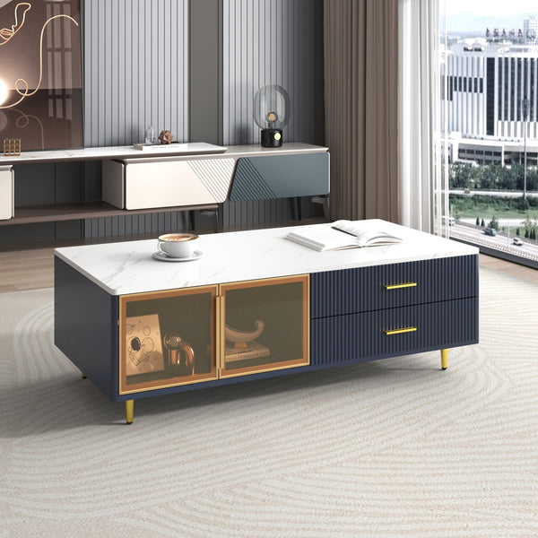 English Elm Modern Blue MDF Coffee Table 47.2" with Marble White Top, Gold Legs, 2 Glass Doors, 4 Drawers, LED N735P167910
