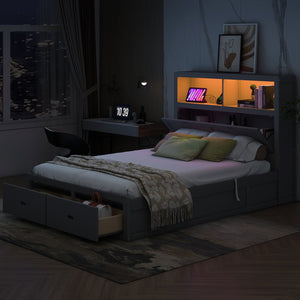 English Elm Wood Queen Size Hydraulic Platform Bed with LED Headboard, Charging Station, Hidden Storage Drawers and Shelves Gray GX000372AAE