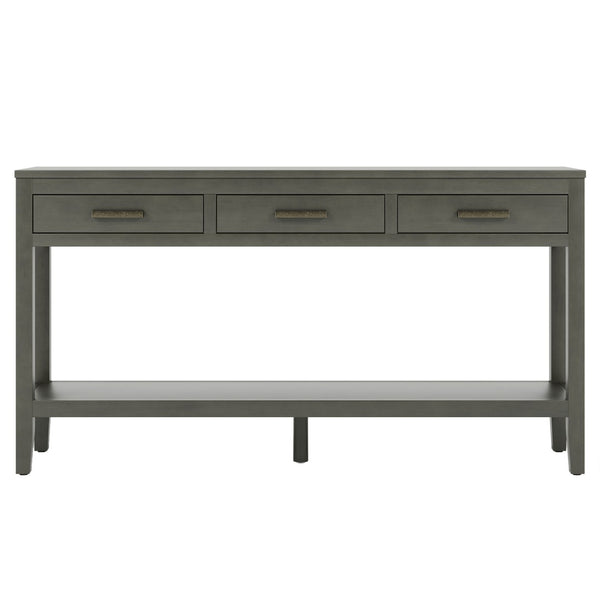 English Elm U_Style 62.2'' Farmhouse Console Table With 3 Drawers, Bottom Shelf & Iron Handles For Home Decor N711P234485E-GIGA