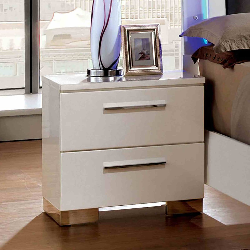 English Elm Contemporary Glam Nightstand Glossy White Lacquer Chrome Legs Dovetail Drawer Bedroom B2741P436968