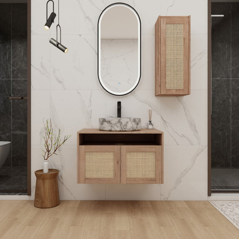English Elm 30" Floating Bathroom Vanity Set with Ceramic Vessel Sink and Rattan Side Cabinet W999S00497