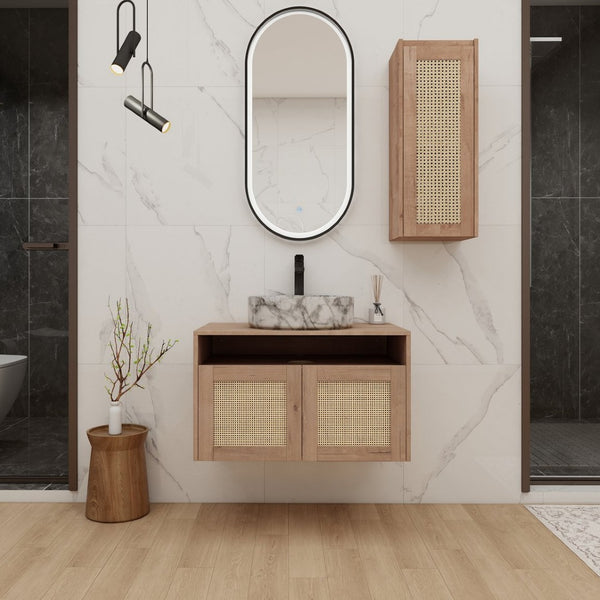 English Elm 30" Floating Bathroom Vanity Set with Ceramic Vessel Sink and Rattan Side Cabinet W999S00497