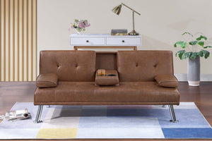 English Elm Living Convertible Faux Leather Sofa with Tufted Upholstery, Fold-Down Table and Cup Holders, Metal Legs Brown 39 L x 8 W x 67 H B011P381497