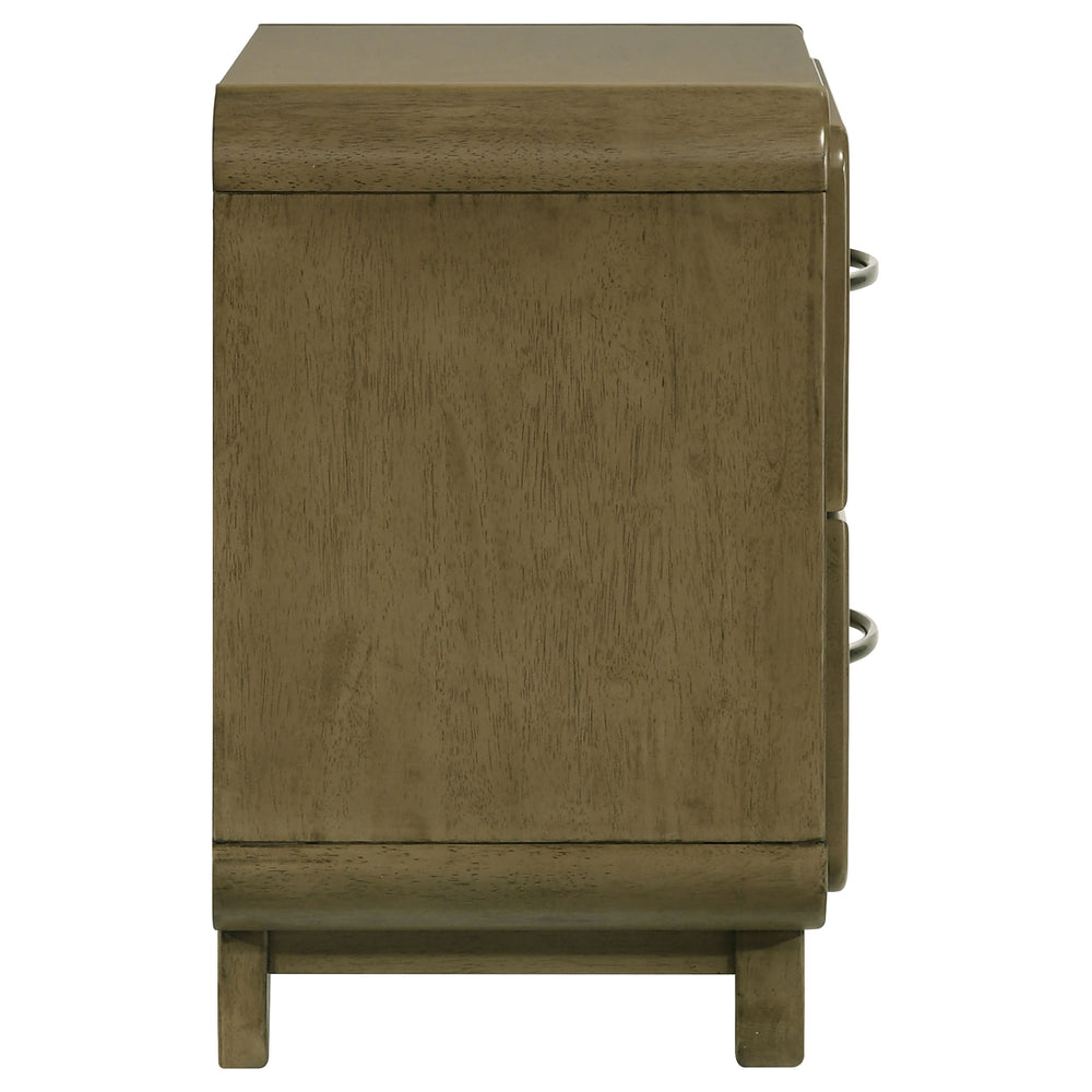 English Elm Tully Nutmeg two-drawer nightstand with metal glide drawers, modern profile, warm wood finish for tidy bedside spaces B062P374094