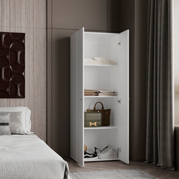 English Elm Home 2 Door Closet System Compact 66.9" H White Wardrobe with Four Shelves for Small Spaces, Durable Storage B200P350348