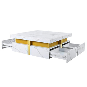 English Elm Modern White & Gold Square Storage Coffee Table with 4 Drawers, MDF Pedestal, Sleek Modern Accent Table CH306808AAK