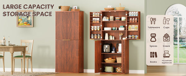 English Elm 72" Fluted Pantry Cabinet Tall Freestanding Kitchen Organizer with Sculpted Wood Doors Walnut W1820P379273