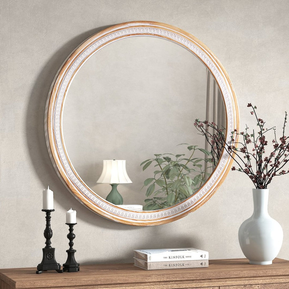 English Elm 30" Solid Wood Round Farmhouse Mirror Rustic Boho Accent for Bathroom or Entryway W2263P446640