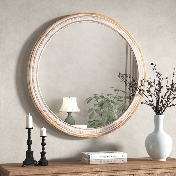 English Elm 30" Solid Wood Round Farmhouse Mirror Rustic Boho Accent for Bathroom or Entryway W2263P446640