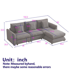 English Elm MH102.2 Modular 102.2" L-Shaped Sectional Sofa with Ottoman, 3 Cushions & Pillows, Upholstered Comfort Grey W1193S00138
