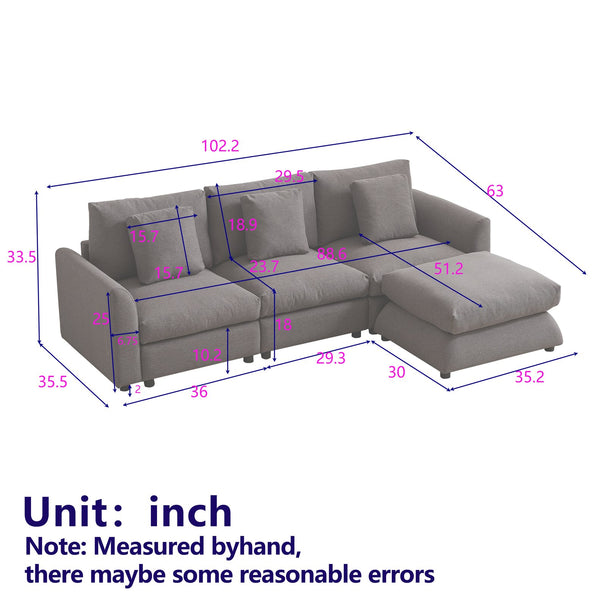 English Elm MH102.2 Modular 102.2" L-Shaped Sectional Sofa with Ottoman, 3 Cushions & Pillows, Upholstered Comfort Grey W1193S00138