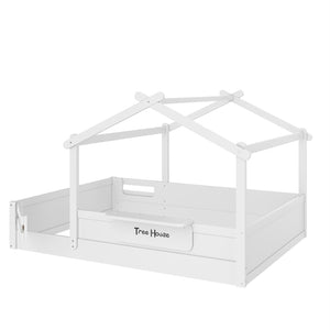 English Elm Queen House Shaped Kids Floor Bed Pine Wood Frame with Guardrails and Personalized Headboard Light White W1580P396334