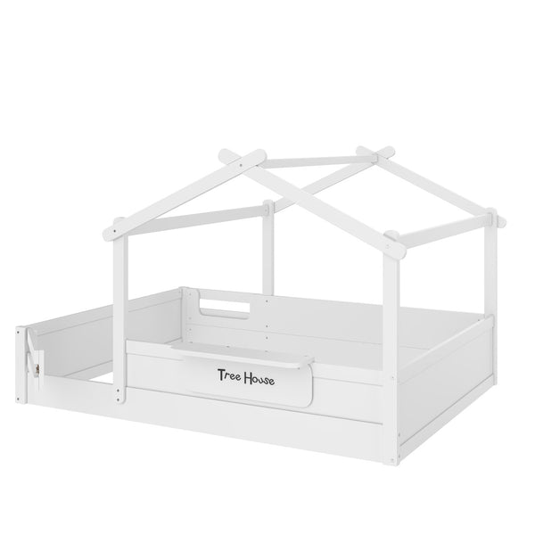 English Elm Queen House Shaped Kids Floor Bed Pine Wood Frame with Guardrails and Personalized Headboard Light White W1580P396334