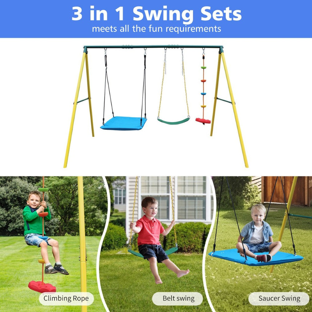 English Elm 3 in 1 Backyard Swing Set Steel A-frame with Belt Saucer and Climbing Rope W1408P169746