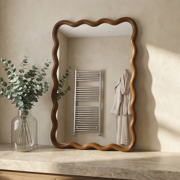 English Elm Black Walnut Solid Wood Wavy Frame Mirror Sculptural Bohemian Accent for Any Room W2203P455232