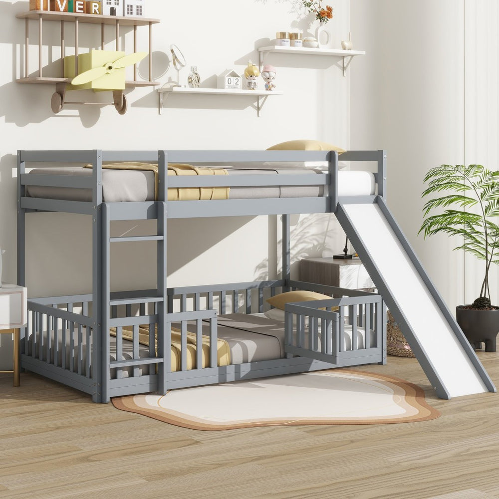 English Elm Twin Over Twin Floor Bunk Bed With Slide, Ladder, Safety Guardrails - Charming Grey Pine Wood Design W504S00189-GIGA