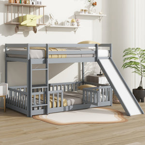 English Elm Twin Over Twin Floor Bunk Bed With Slide, Ladder, Safety Guardrails - Charming Grey Pine Wood Design W504S00189-GIGA
