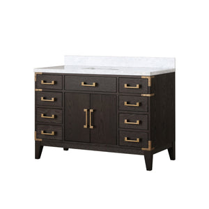 English Elm Brown Oak Single Bathroom Vanity With Carrara Marble Top – Elegant Storage & Soft-Close Features B2731P259801