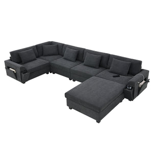 English Elm 128*67" U Shaped Sectional Sofa with Movable Ottoman, Hidden Armrest Storage, Cup Holders & USB Ports Black N723S0192B