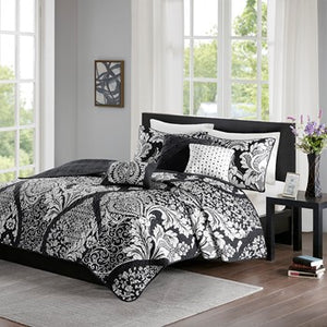 English Elm 7 Piece Cotton Printed Comforter Set - Elegant Grey Damask Design For California King Bed B03597029