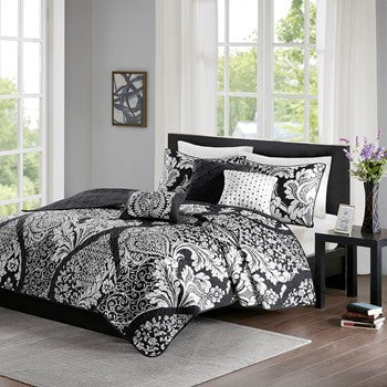 English Elm 7 Piece Cotton Printed Comforter Set - Elegant Grey Damask Design For California King Bed B03597029