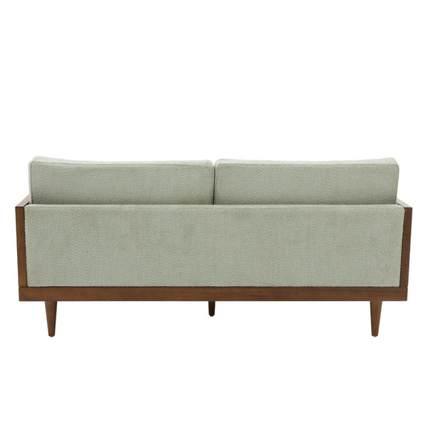 English Elm Emir Three Seat Boucle Sofa with Handwoven Cane Arms and Walnut Tapered Legs Light Green N773P285909G