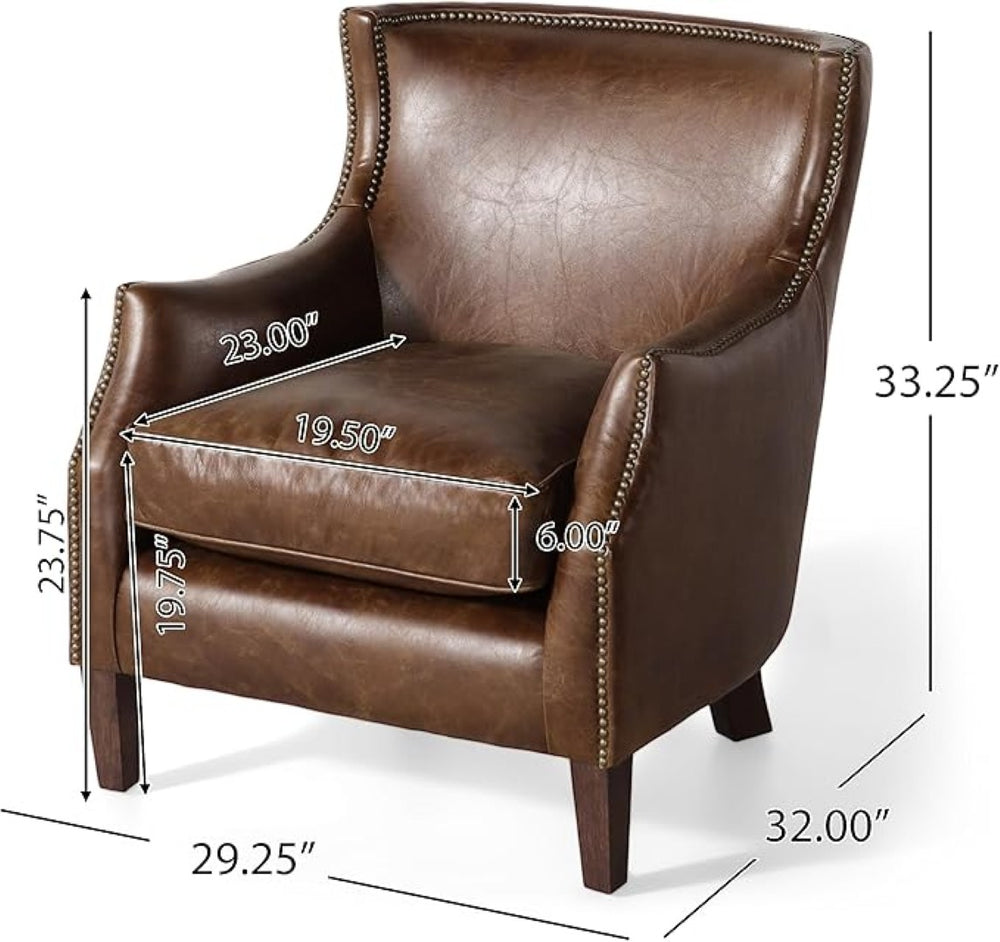 English Elm Genuine Top-grain Leather Accent Chair Studded Trim Solid Wood Frame Living Room N767P419112W