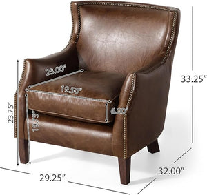 English Elm Genuine Top-grain Leather Accent Chair Studded Trim Solid Wood Frame Living Room N767P419112W