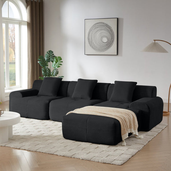 English Elm 113" Modular L-shaped Sectional Sofa Corduroy Upholstered with Movable Ottoman Black W1359S00060