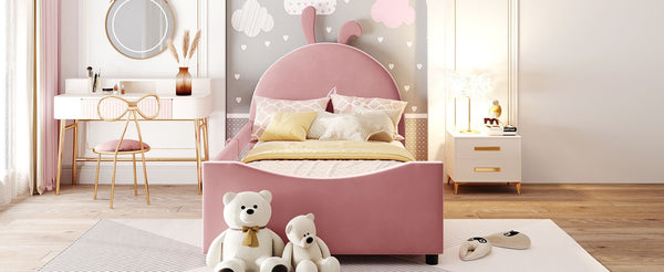 English Elm Twin Velvet Daybed with Sculptural Rabbit Ear Headboard for Kids or Guest Rooms Pink N737P380205H