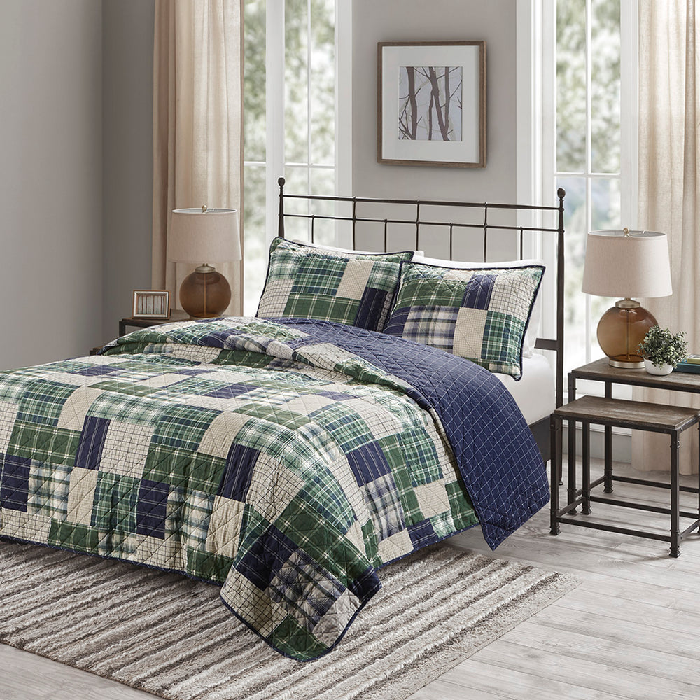 JLA Home Madison Park - 3 Timber Reversible Quilt Set — Rustic Green & Navy Patchwork to Windowpane, Cotton-Rich, Machine Washable 90 L x 90 W x 0.25H MP13-7524