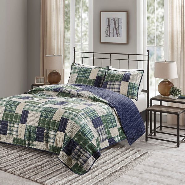 JLA Home Madison Park - 3 Timber Reversible Quilt Set — Rustic Green & Navy Patchwork to Windowpane, Cotton-Rich, Machine Washable 90 L x 90 W x 0.25H MP13-7524