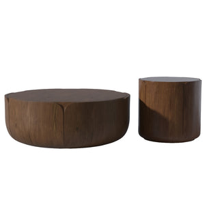 English Elm Round Mgo Drum Coffee Table Set Weatherproof Wood Grain Finish for Patio or Living Room Brown W757S00051