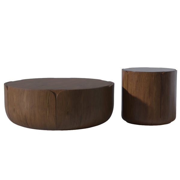 English Elm Round Mgo Drum Coffee Table Set Weatherproof Wood Grain Finish for Patio or Living Room Brown W757S00051