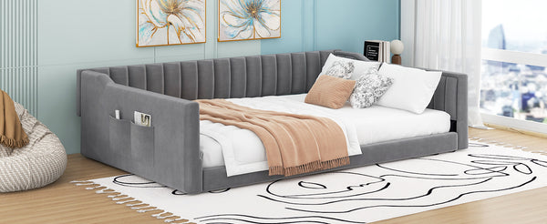 English Elm Full XL Upholstered Daybed with Velvet Channel Tufting, Tapered Dowel Legs & Side Storage Pocket Gray DL002211AAE