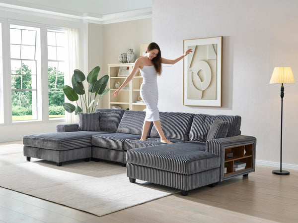 English Elm Convertible U-Shaped Sofa With Storage, Modern Corduroy 4-Seat Lounge For Cozy Living Rooms W1793S00028