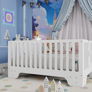 English Elm Twin Montessori Floor Bed with Safety Rails Hinged Door and Plywood Slats for Kids White W2593P381112