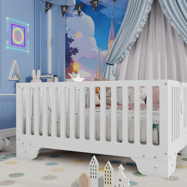 English Elm Twin Montessori Floor Bed with Safety Rails Hinged Door and Plywood Slats for Kids White W2593P381112