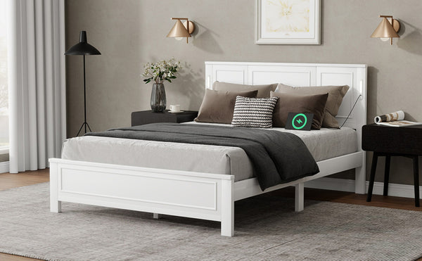 English Elm Queen Pinewood Platform Bed Farmhouse Tall Panel Headboard with Led Lighting and Usb Ports White W504P391091