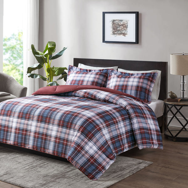 JLA Home Madison Park Essentials - 3M Scotchgard ultra-soft plaid down alternative comforter set – all-season breathable, antimicrobial protection and tailored shams (Twin) Red MPE10-946