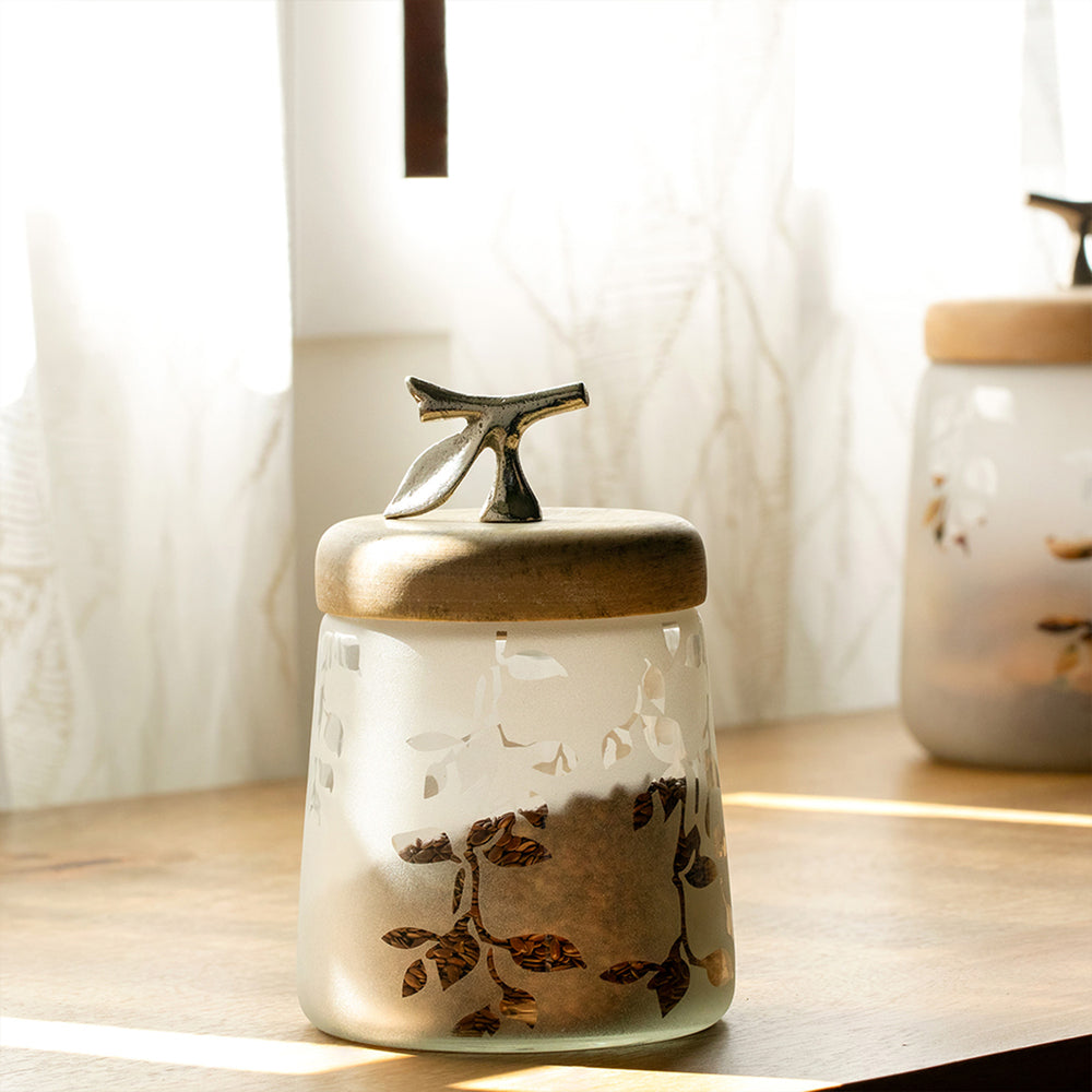 English Elm Twigy Frosted Glass Jar with Airtight Wooden Lid and Decorative Metal Leaf, 1kg Capacity, White Storage Jar B346P327358