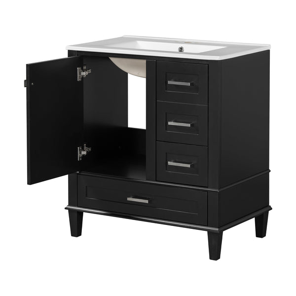 English Elm 30" Modern Bathroom Vanity with Solid Wood Frame, 3 Soft-Close Drawers and Ceramic Sink, Sleek Design Black N729P170557B