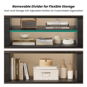 English Elm Modern Low Profile Media Console with Open Shelving and Concealed Cabinet Storage Black T3623P435424