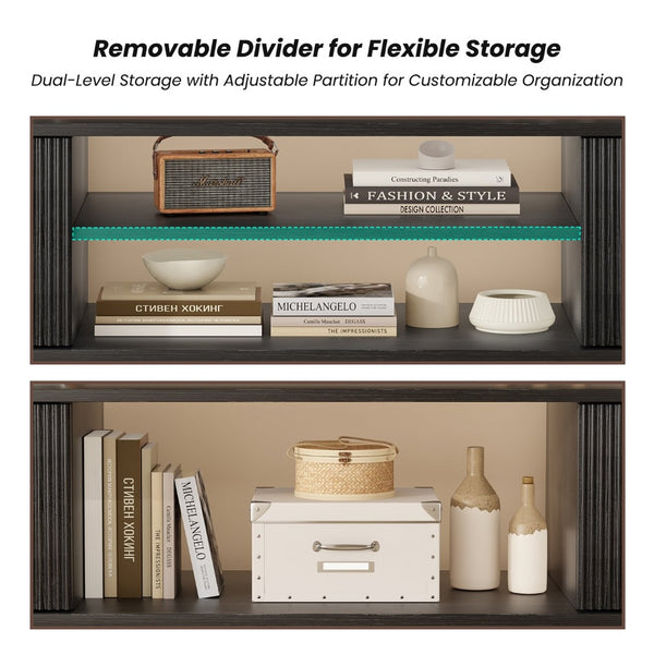 English Elm Modern Low Profile Media Console with Open Shelving and Concealed Cabinet Storage Black T3623P435424