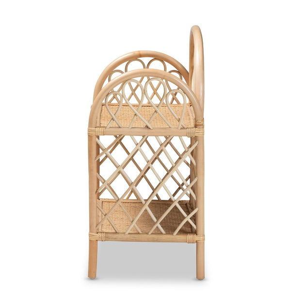 English Elm Modern Woven Rattan Two Tier Display Shelf with Curled Accents for Coastal Boho Decor B2750P470041