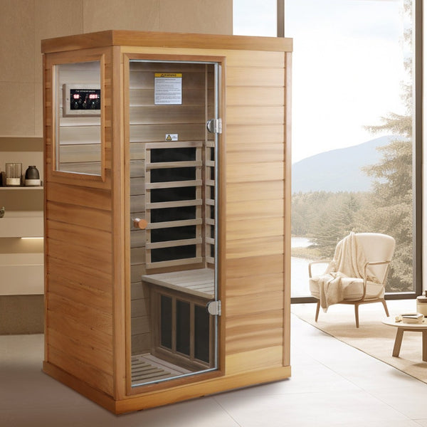 English Elm Red Cedar Single Person Far Infrared Indoor Sauna with Glass Door and Bluetooth Audio W632S00020