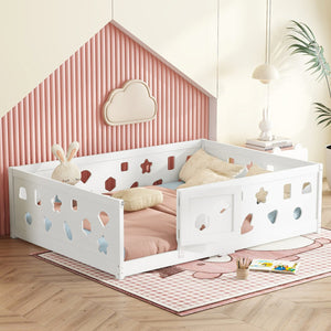 English Elm Full Size Floor Bed With Slats - Safe Solid Wood Frame For Kids, Teens, Modern Design & Easy Access W1820P240543