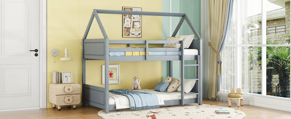 English Elm Twin House-Style Floor Bunk Bed With Safety Guardrails, Durable Rubberwood, And Fun Grey Finish W504P314947-GIGA