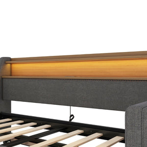 English Elm Twin Size Daybed And Trundle Set With Charging Station, Led Lights, Gray Upholstered Design, Modern Look W1580S00044-GIGA